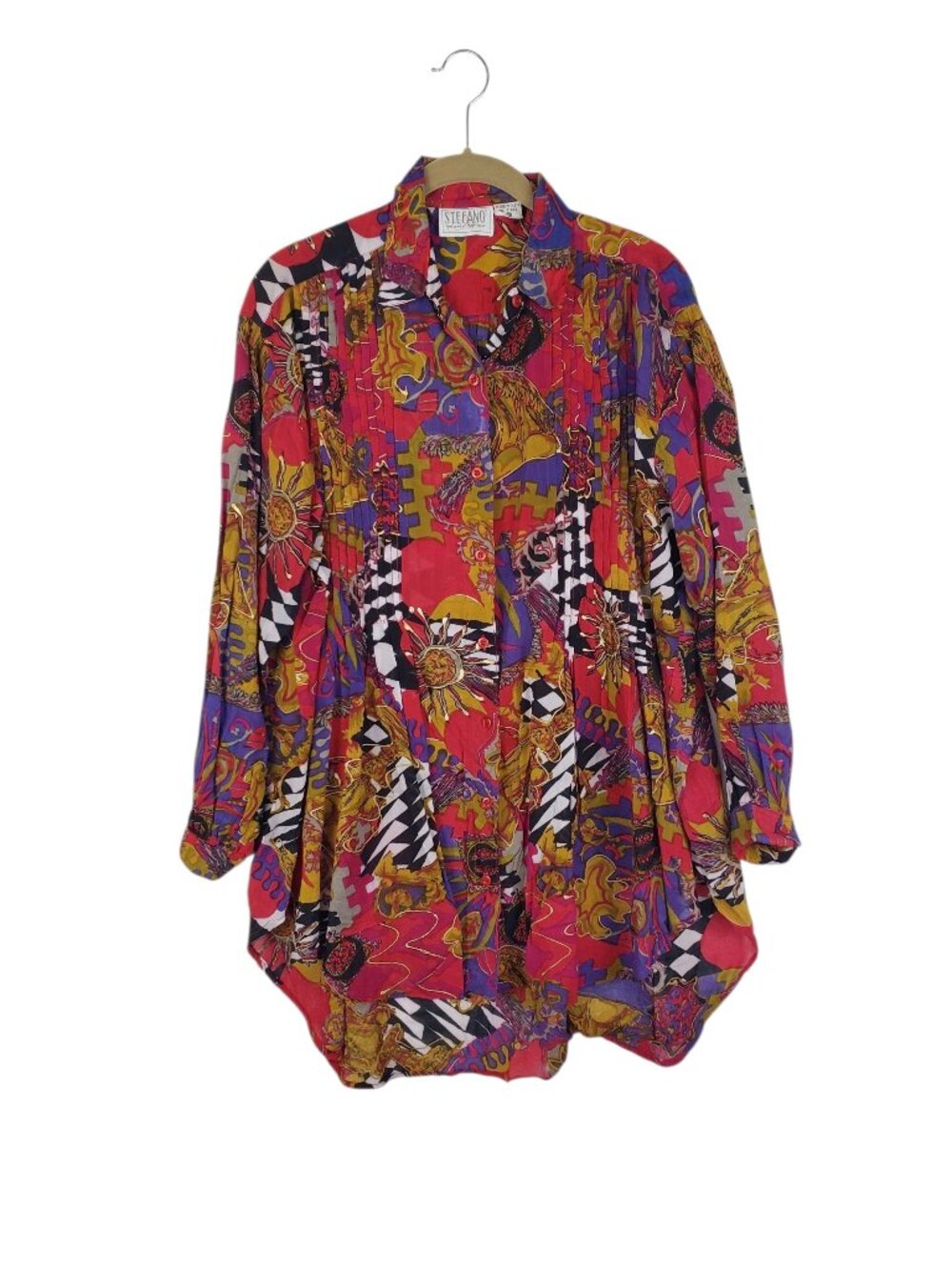 Vtg 80s Maximalist Button Up Top Celestial Checker Baroque Cotton Rayon Women 16